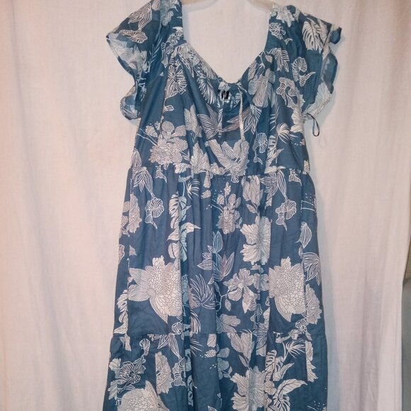 (N) Anthony Woman's Cap Sleeve Dress 100% Cotton 1X Teal /White Floral NWOT - Picture 1 of 3